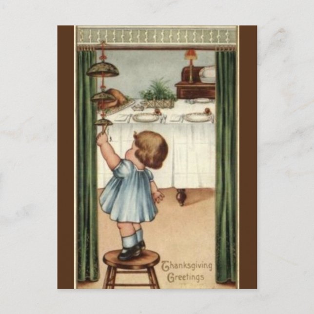Vintage Girl on a Stool Thanksgiving Postcard (Front)