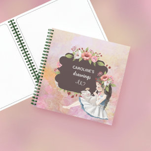 Vintage Girl Pink Flowers Kids Sketchbook Notebook