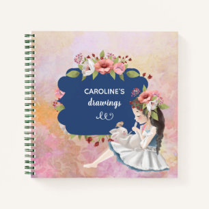 Vintage Girl Pink Flowers Kids Sketchbook Notebook