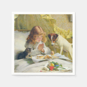 Vintage Girl Praying with Cat & Dog Art Suspense Napkin