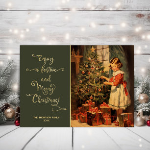 Vintage girl preparing a Christmas tree Holiday Card