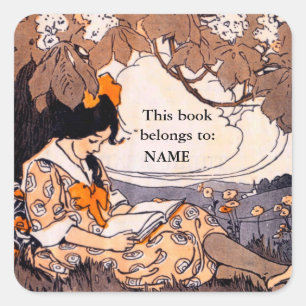 Vintage girl reading book plate square sticker