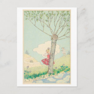 Vintage Girl Reading by Tree Illustration Postcard
