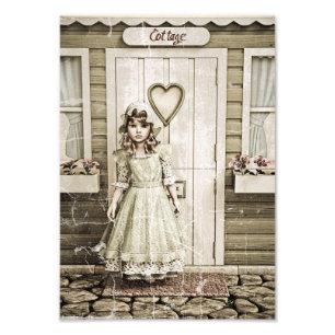 Vintage Girl standing near a Retro Cottage Photo Print