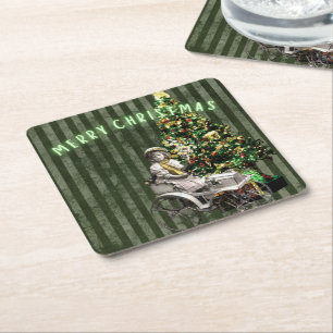 Vintage Girl & Tree Holiday Scene Square Paper Coaster