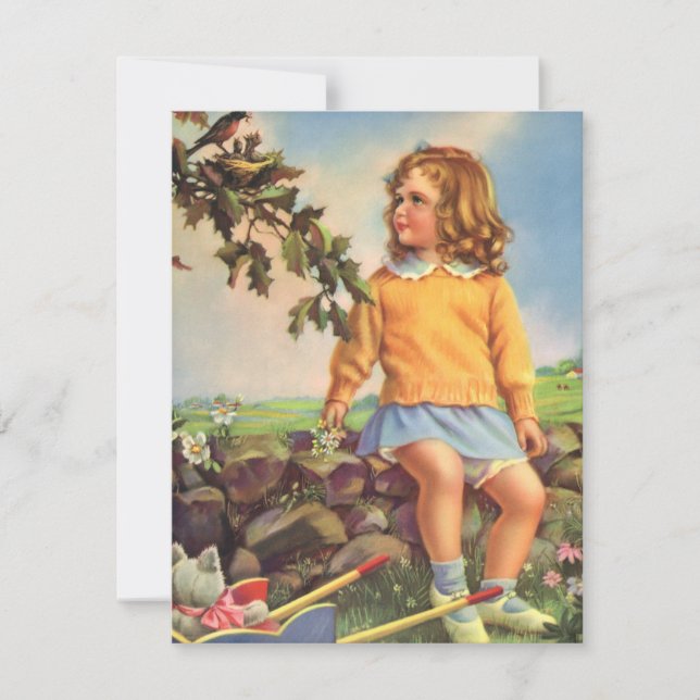 Vintage Girl Watching Birds in a Tree, Spring (Front)