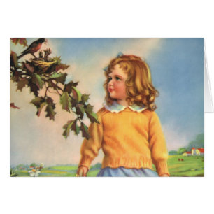 Vintage Girl Watching Birds in a Tree, Spring