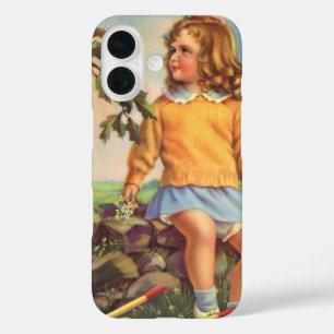 Vintage Girl Watching Birds in a Tree, Spring iPhone 16 Case