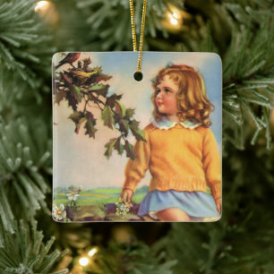 Vintage Girl Watching Birds in a Tree, Spring Ceramic Ornament