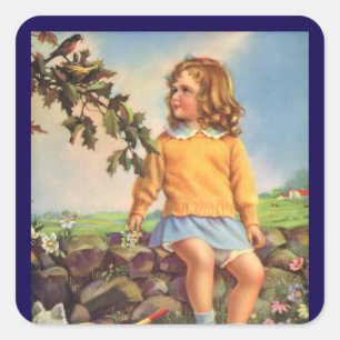 Vintage Girl Watching Birds in a Tree, Spring Square Sticker