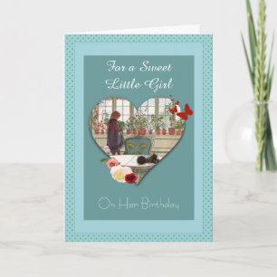 Vintage Girl Watering Flowers Birthday Card