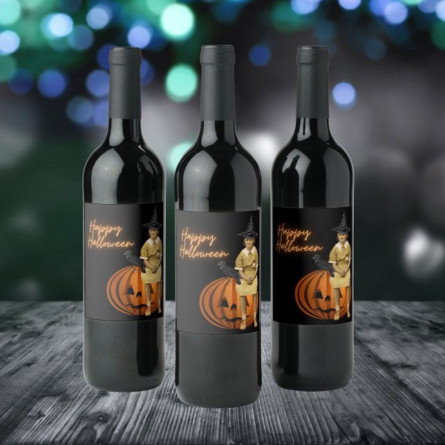 Vintage Girl Witch Halloween  Wine Label (Creator Uploaded)