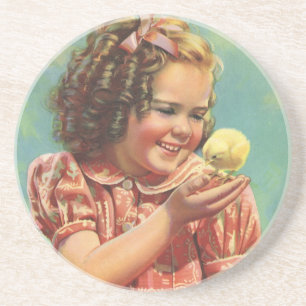 Vintage Girl with Baby Chick, Happy Child Smiling Coaster