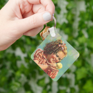 Vintage Girl with Baby Chick, Happy Child Smiling Key Ring