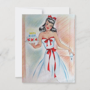 Vintage Girl With Birthday Cake Holiday Card