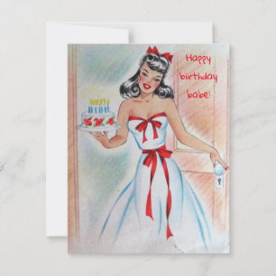 Vintage Girl With Birthday Cake Holiday Card