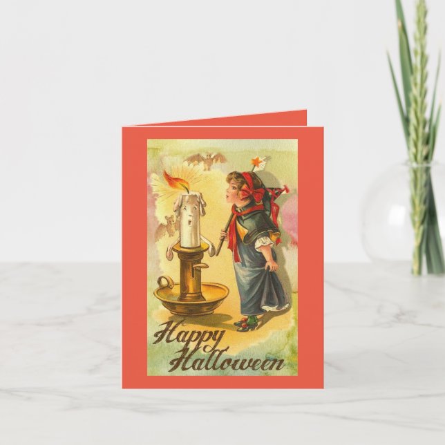 Vintage Girl With Candle Halloween Greeting Card (Front)