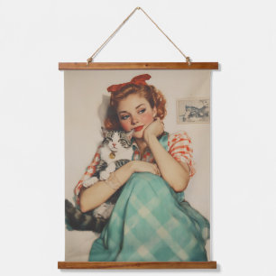 Vintage Girl with Cat Hanging Tapestry