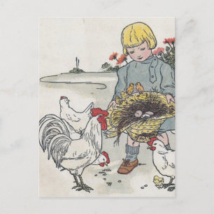 Vintage Girl With Chickens, E is an Egg Postcard
