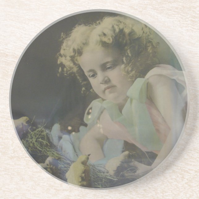 Vintage Girl With Chicks Coaster (Front)