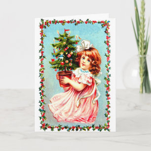 Vintage Girl With Christmas Tree Holiday Card
