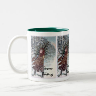 Vintage girl with Christmas tree Two-Tone Coffee Mug