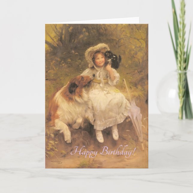 Vintage Girl With Collie and Kitten Birthday Card (Front)