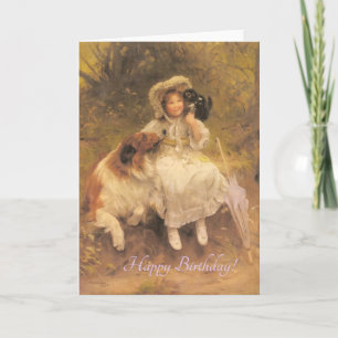 Vintage Girl With Collie and Kitten Birthday Card