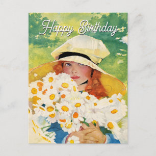 Vintage Girl with Daisies Holiday Postcard