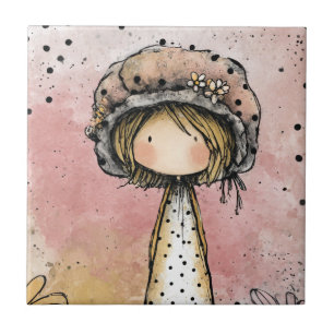 Vintage Girl with Daisies on a Pink Background Ceramic Tile