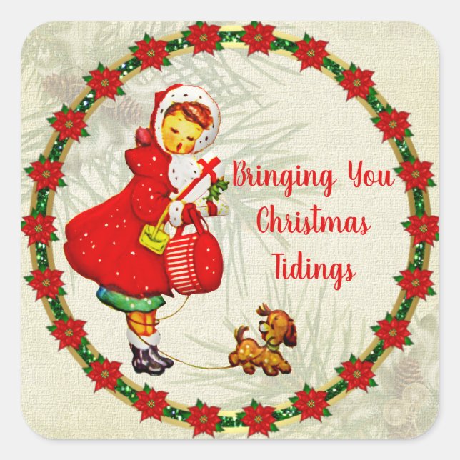 Vintage Girl With Dog Bearing Gifts Square Sticker (Front)