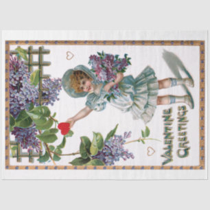 Vintage Girl with Flowers and Valentine Greeting Tissue Paper