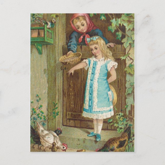 Vintage Girl With Mother Feeding Chickens Postcard (Front)