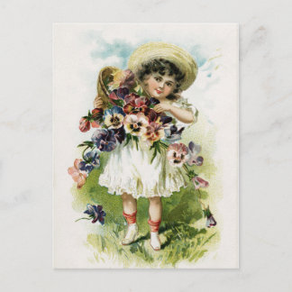 Vintage Girl with Pansies Postcard