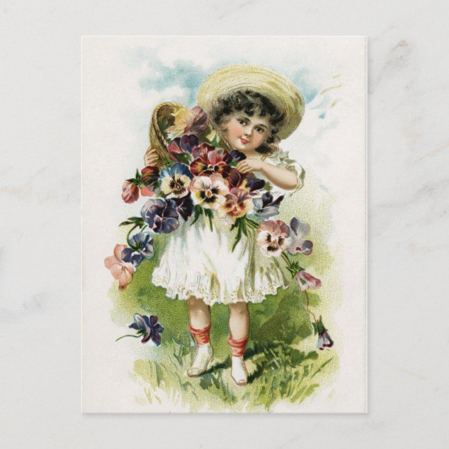 Vintage Girl with Pansies Postcard (Front)