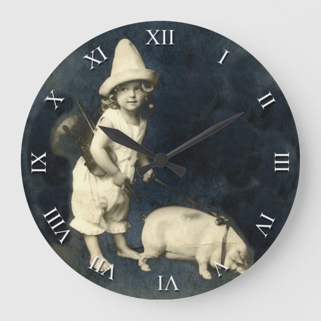 Vintage Girl with Pig and Violin Clock (Front)