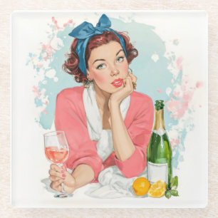 Vintage Girl with Pink Champagne Glass Coaster