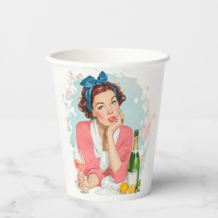 Vintage Girl with Pink Champagne Paper Cups