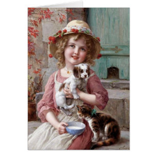 Vintage Girl with Puppy & Kitten,