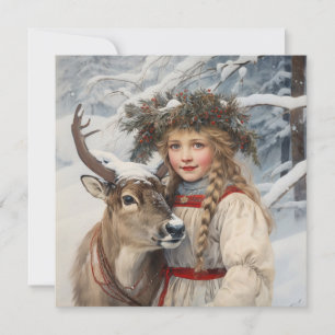 Vintage Girl with Reindeer Christmas Card