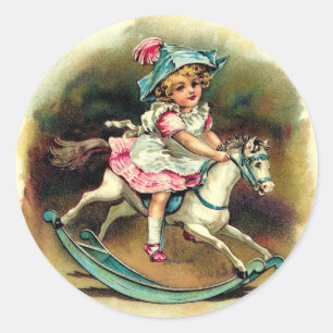 Vintage Girl with Rocking Horse Classic Round Sticker