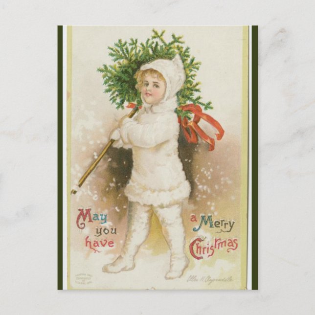 Vintage Girl With Tree Christmas Postcard (Front)