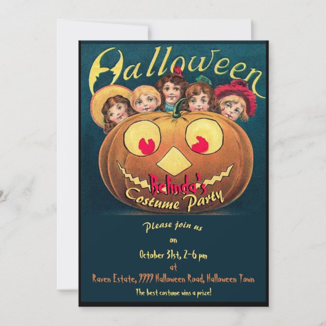 Vintage Girls in Pumpkin Halloween Invitation (Front)