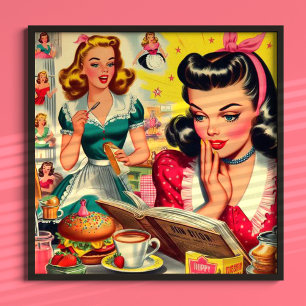 Vintage Girls Kitsh Illustration Poster