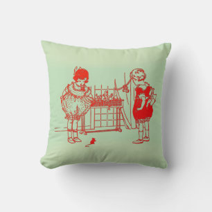Vintage Girls Playing with Mouse Green and White Cushion