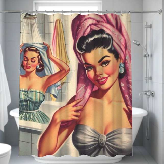 Vintage Girls Shower Illustration Shower Curtain (Creator Uploaded)