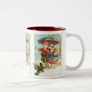 Vintage Girls under big umbrella in snow Two-Tone Coffee Mug