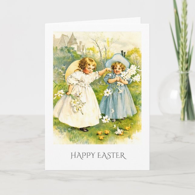 Vintage Girls with Chickens. Easter  Holiday Card (Front)