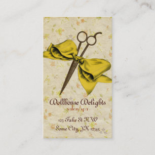 vintage girly hair stylist yellow bow shears business card