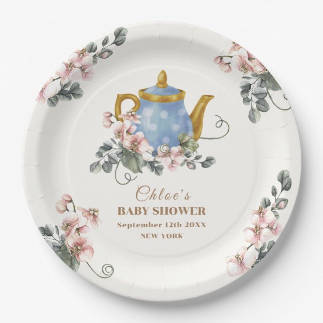 Vintage Girly Wildflower Tea Baby Shower  Paper Plate (Front)